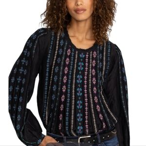 Johnny Was Linen Blend Calico Pleated Embroidered Ruffle-Trim Blouse - Size XL